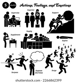 Figura de palo personas humanas acción, sentimientos y emociones iconos del alfabeto S. Supervisar, ser superior, apoyar, complementar, suministrar, supinar, sobrepasar, suponer, sobrepasar y sobrepasar.