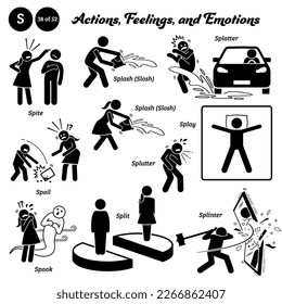 Stick figure human people man action, feelings, and emotions icons alphabet S. Spite, splash, slosh, splatter, spoil, splutter, splay, spook, split, and splinter. 
