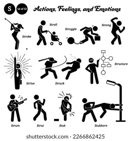 Stick figure human people man action, feelings, and emotions icons alphabet S. Stroke, stroll, struggle, strong, strive, struct, structure, strum, strut, stub, and stubborn. 