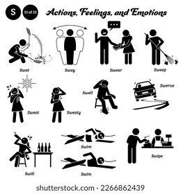 Stick figure human people man action, feelings, and emotions icons alphabet S. Swat, sway, swear, sweep, sweat, sweaty, swell, swerve, swill, swim, and swipe.