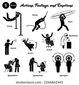 Stick figure human people man action, feelings, and emotions icons alphabet S. Swing, swirl, switch, swoon, swivel, synthesize, sympathize, and synergize. 