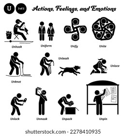 Figura de palo personas humanas acción, sentimientos y emociones iconos alfabéticos U. Desenganchar, unificar, unir, desenmascarar, soltar, desbloquear, desbloquear, desenmascarar, desempaquetar y desanclar.