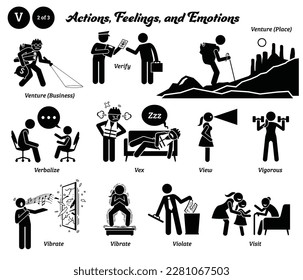 Stick figure human people man action, feelings, and emotions icons alphabet V. Venture, business, place, verify, verbalize, vex, view, vigorous, vibrate, violate, and visit.
