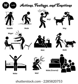 Stick figure human people man action, feelings, and emotions icons alphabet W. Waddle, wade, waft, wag, wager, wait, walk, wake, wail, wake, and funeral.