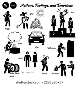 Stick figure human people man action, feelings, and emotions icons alphabet W. Wiggle, wilt, win, wish, wipe, withdraw, wind, wink, wince, and withhold.