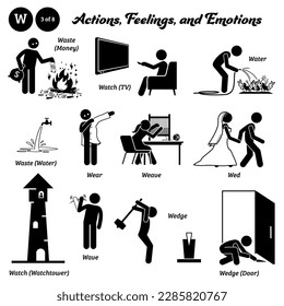 Stick figure human people man action, feelings, and emotions icons alphabet W. Waste, money, water, watch, watchtower, TV, wear, weave, wed, wave, wedge, and door.