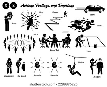 Stick figure human people man action, feelings, and emotions icons alphabet Z. X-ray, zap, zigzag, zoom, zero in, zoned out, zone, zip, jacket, pant, zoom in, zoom out, zipline, and zombify. 