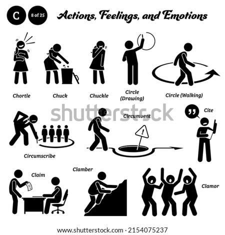 Stick figure human people man action, feelings, and emotions icons starting with alphabet C. Chortle, chuck, chuckle, circle, circumscribe, circumvent, cite, claim, clamber, and clamor.