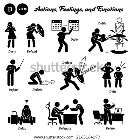 Stick figure human people man action, feelings, and emotions icons alphabet D. Deem, defend, defer, defile, define, deflate, deflect, defy, delay, delegate, and delete. 