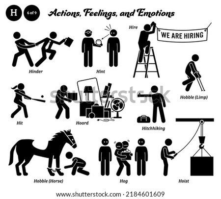 Stick figure human people man action, feelings, and emotions icons alphabet H. Hinder, hint, hire, hit, hoard, hitchhiking, hobble, limp, horse, hog, and hoist. Imagine de stoc © 