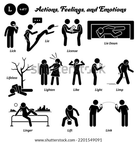 Stick figure human people man action, feelings, and emotions icons alphabet L. Lick, lie, license, lie down, lifeless, lighten, like, light, limp, linger, lift, and link.