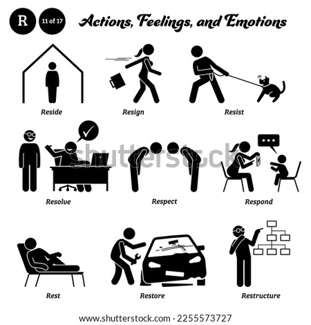 Stick figure human people man action, feelings, and emotions icons alphabet R. Reside, resign, resist, resolve, respect, respond, rest, restore, and restructure. Photo stock © 