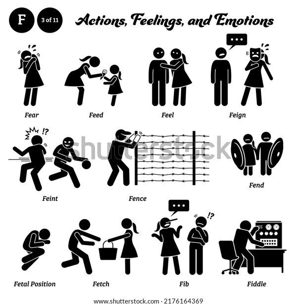Stick figure human\
people man action, feelings, and emotions icons alphabet F. Fear,\
feed, feel, feign, feint, fence, fend, fetal position, fetch, fib,\
and fiddle. 