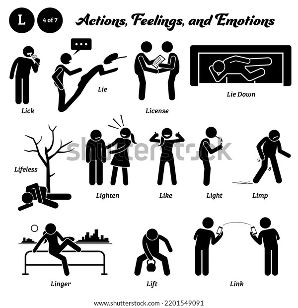 Stick figure human
people man action, feelings, and emotions icons alphabet L. Lick,
lie, license, lie down, lifeless, lighten, like, light, limp,
linger, lift, and link.