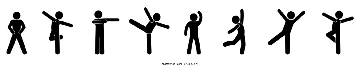 stick figure icon active person, human gestures and postures, silhouettes of grimacing people