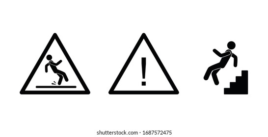 stick figure icon man falls, slippery floor sign, isolated silhouettes of people