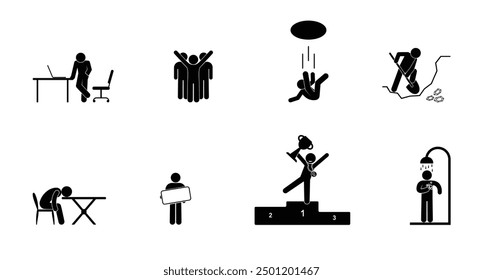 stick figure icon man, stickman isolated on white, people work, teamwork, winner, set of human silhouettes