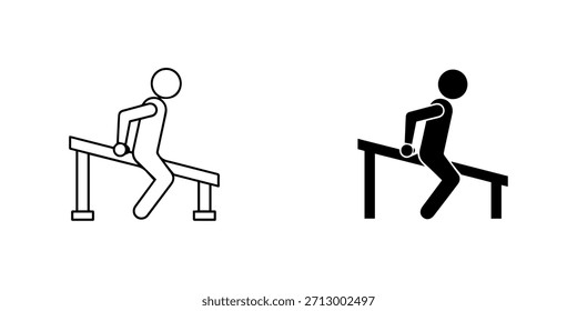 Icono de la figura del palillo que realiza un ejercicio de la inmersión en barras paralelas, contorno y silueta, aislado en