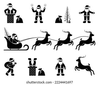 Stick figure icon Santa Claus man in sleigh with reindeer, presents bag, stuck in chimney vector illustration pictogram