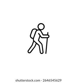 A stick figure icon in a walking motion holding a trekking pole. Symbol for hiking, trekking, and outdoor adventure.
