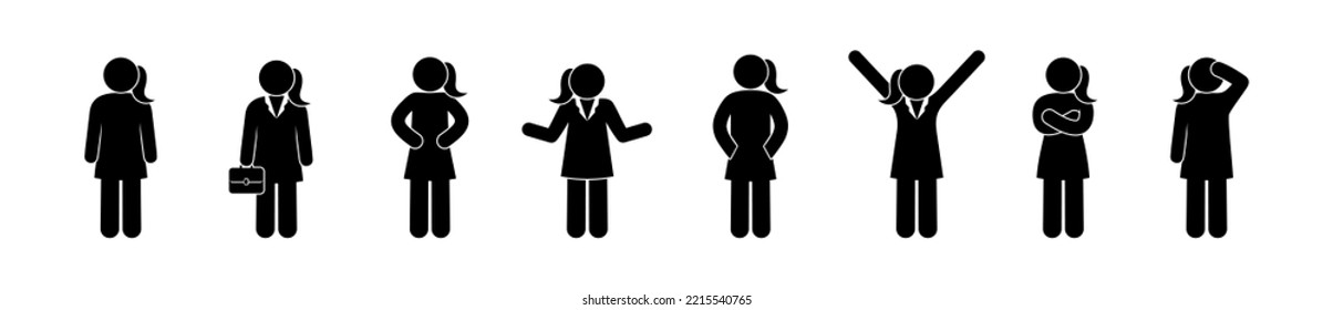 stick figure icon woman, man in different poses, set of human gestures