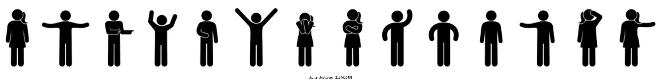 stick figure icons, collection of silhouettes of man and woman standing, isolated pictograms