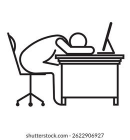 Figura de palitos ilustração de uma pessoa dormindo em uma mesa com um computador. Ideal para temas de esgotamento, excesso de trabalho, fadiga ou falta de sono.