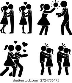 Figuras de palitos ilustrações de casais mostrando diferentes ações de amor e afeto