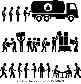 Ilustraciones de figuras de sticks que muestran diferentes procesos de negocio, desde logística hasta distribución y reuniones