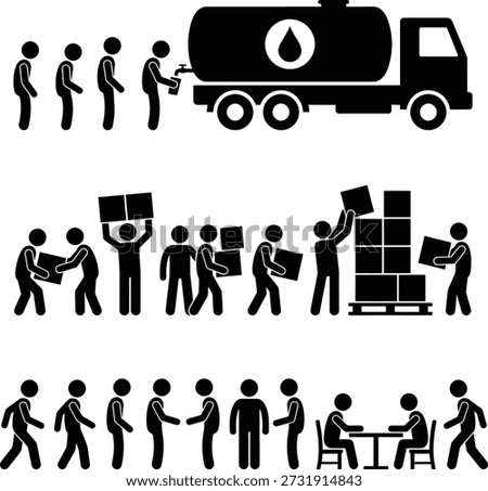 Stick figure illustrations showing different business processes from logistics to distribution and meetings