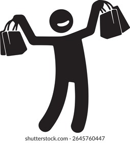 A stick figure is joyfully holding shopping bags. This illustration could represent shopping, happiness, or retail therapy.