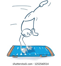 Stick figure jumps on the mat and makes a handstand