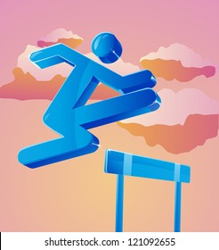 Stick figure jumps over obstacle. Can represent business person overcoming challenges.