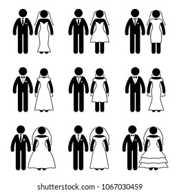 Stick figure just married groom and bride set. Vector illustration of happy newlyweds on white