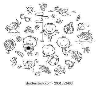 Stick figure. Kids clipart. Summer and Travelling outline set