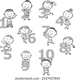 Stick figure kids holding numbers, maths teaching aid for little children. Black and white clipart set, numbers in pictures