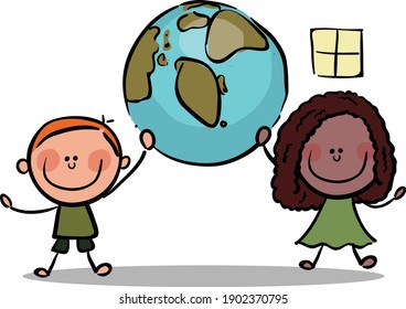 Stick Figure Kids holding planet earth stock illustration
Vector, Save Earth Concept