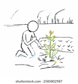 Stick figure kneeling down and inspecting a plant, symbolizing farm monitoring.