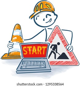 Stick figure with laptop a street cap and construction sign with start