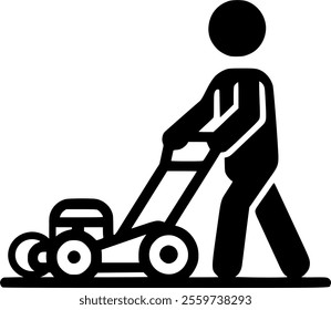 stick figure lawn mowing, lawn mover. mowing the grass sign, symbol, vector, art