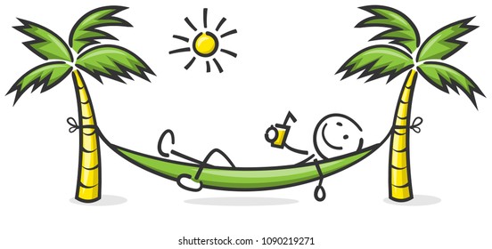 Stick figure lies in a hammock with palm trees and sun