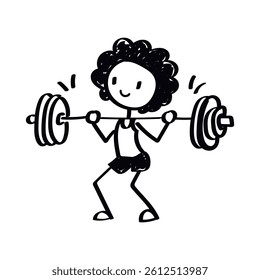 stick figure lifting dumbbells illustration, doodle childish vector illustration