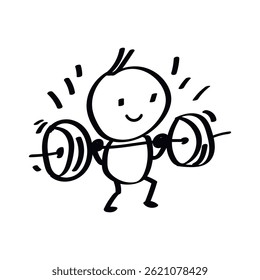 stick figure lifting dumbbells illustration, doodle childish vector illustration