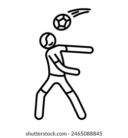 Stick figure liner icon, man is playing soccer. Ball unexpectedly hit player in head. Injury during competition. Team sports. Isolated vector on white background