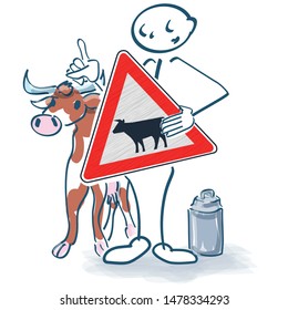 Stick figure with a little cow, sign and milk can