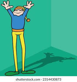Stick Figure with Long Legs and with his Hands Up - Colored Cartoon Illustration with Background, Vector