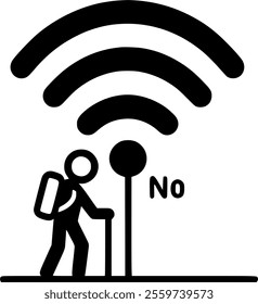 stick figure looking for wifi signal, no wifi signal sign, symbol, vector, art