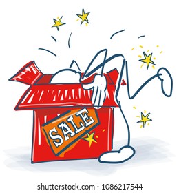 Stick figure looks deep into a box with sale