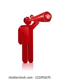 Stick figure looks out with a telescope. Concept to represent vision or looking forward.
