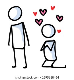 Stick figure in love lineart icon. Crush with adoration. Stick men passionate relationship valentines day illustration with love hearts. affectionate vector graphic. 